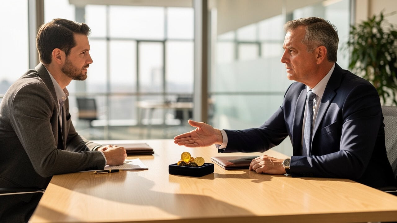 Business professionals discussing financial strategies in a modern office.