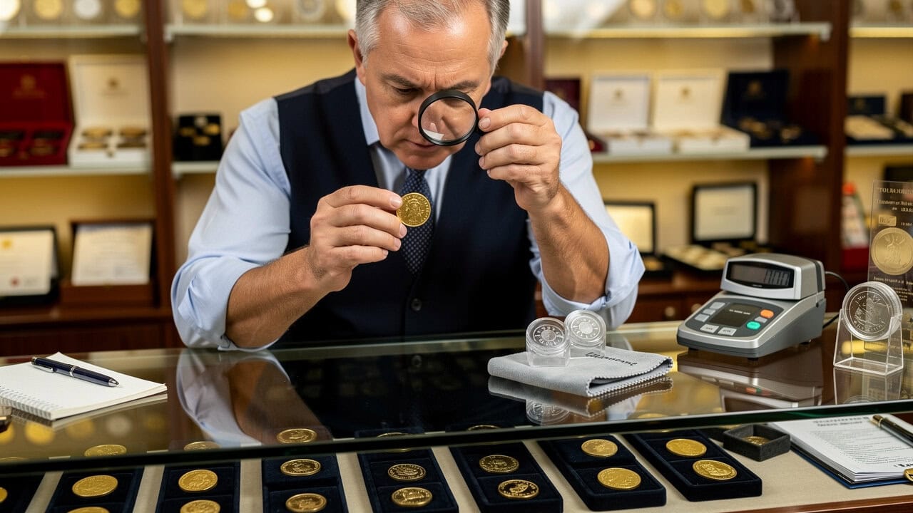Man examining gold coins with magnifying glass in jewelry store.