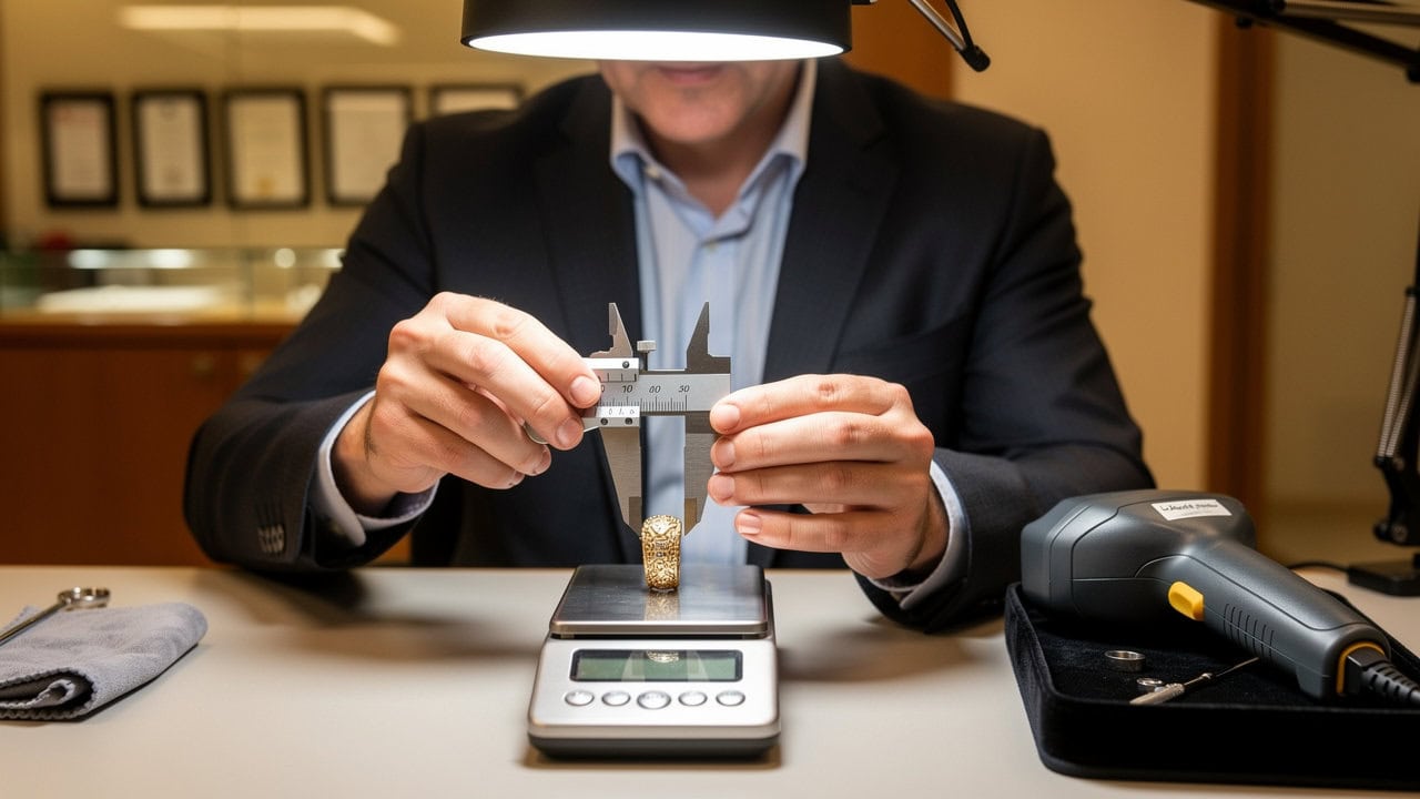 Man measuring gold jewelry with caliper on digital scale in workshop.