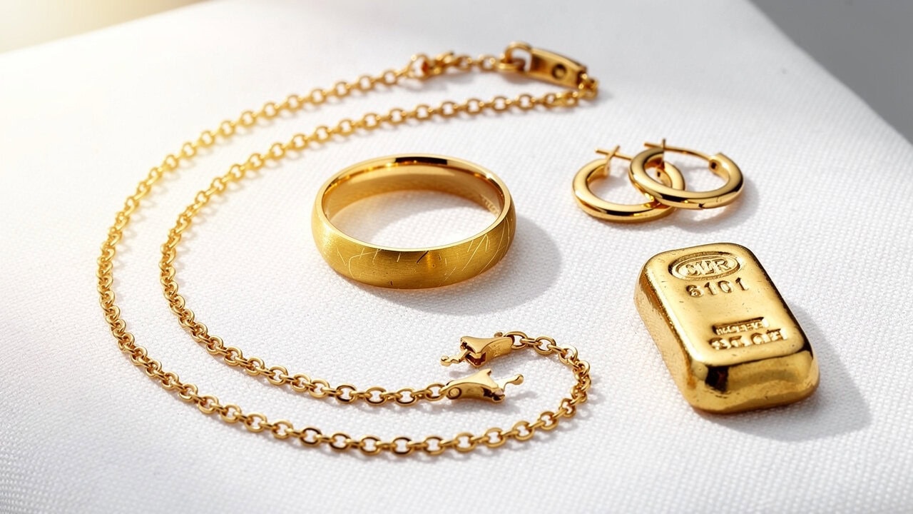 Elegant gold jewelry set including a chain, bracelet, earrings, and a gold bar. Perfect for luxury a.