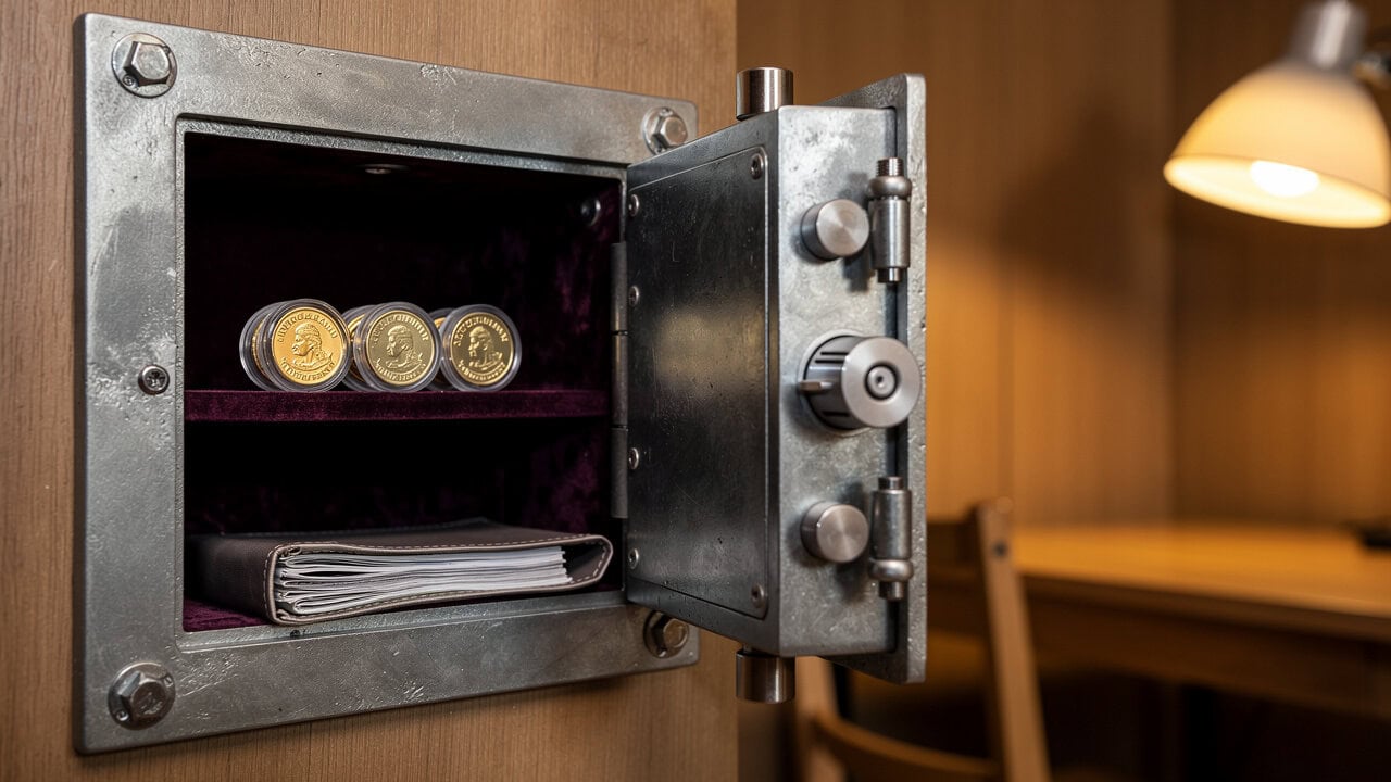 Secure safe containing gold coins and documents, emphasizing luxury and security.