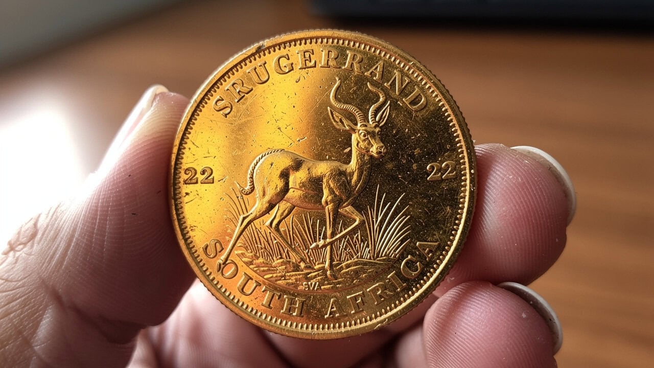 Gold South African coin featuring a springbok antelope.
