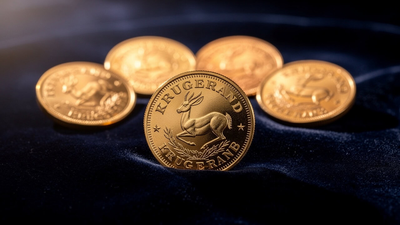 Gold Krugerrand coins displayed on dark velvet background.