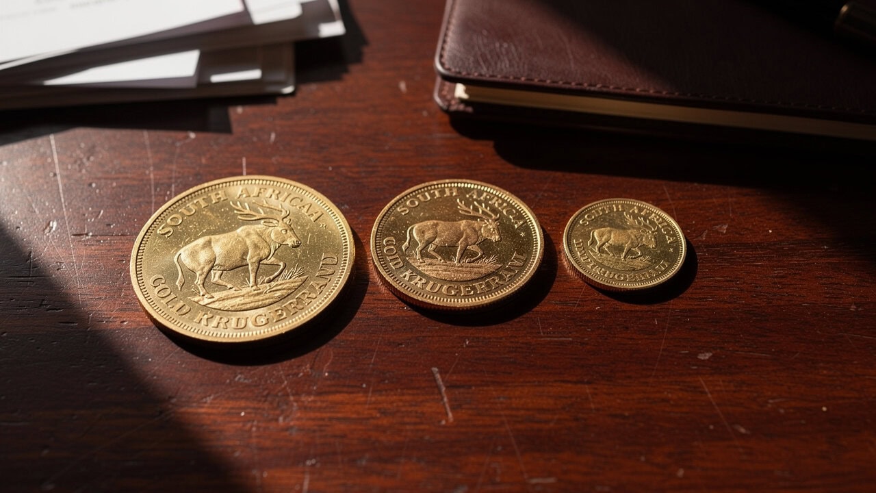 Three gold coins with South African South African Reserve Bank emblem on wooden surface.