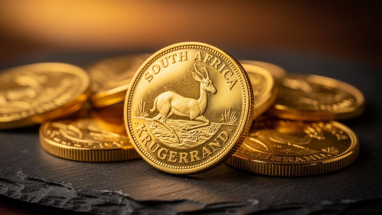 South African Krugerrand gold coin with detailed design.