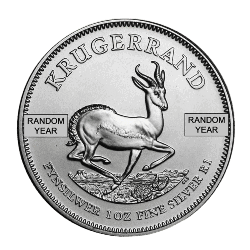 South African 1 oz Silver Krugerrand coin with springbok design, BU condition, featuring the year of.