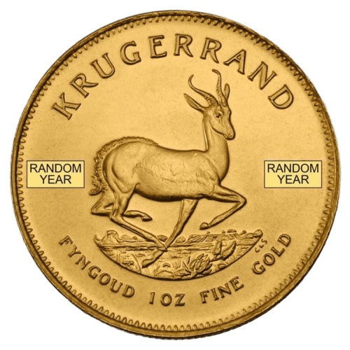 Gold Krugerrand coin with springbok design, 1 oz fine gold, random year.