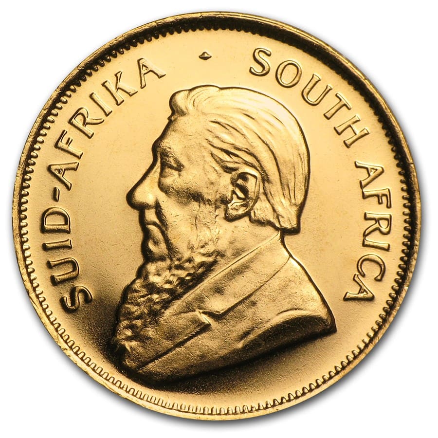South African 1/10 oz Gold Krugerrand coin with detailed portrait of Paul Kruger. Perfect for collec.